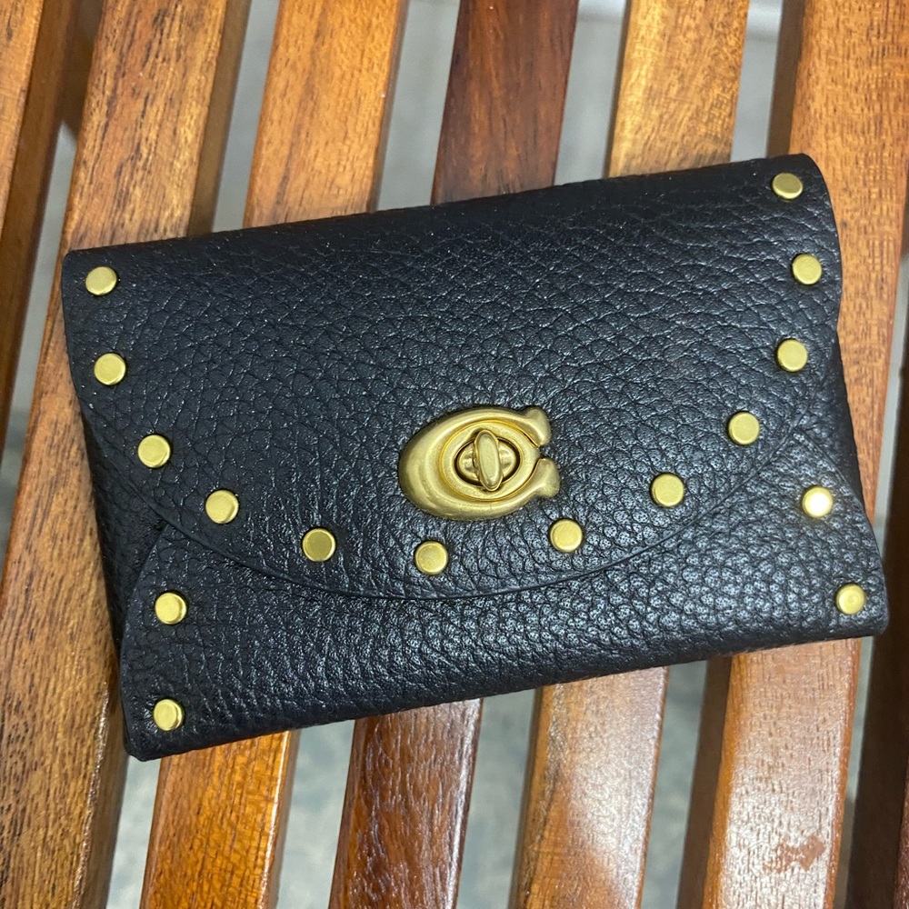 Black Leather Coach Wallet with Gold Accents